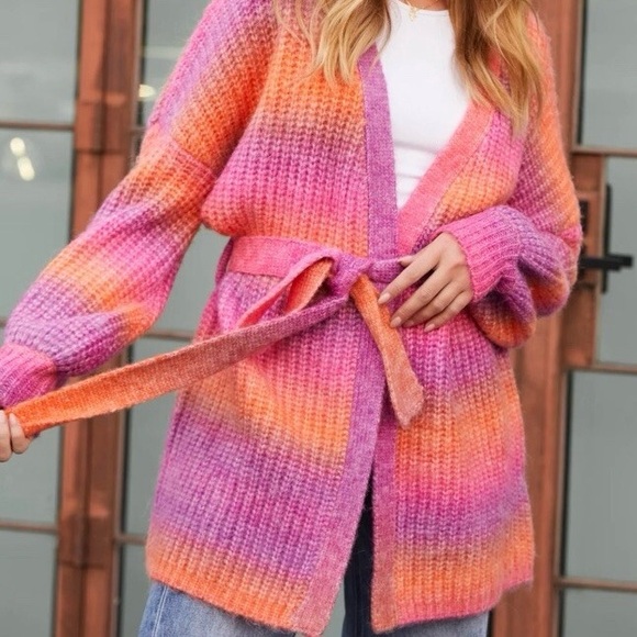 VICI Ombre Knit Belted Cardigan Small Pink Orange Purple Cozy Fall Sweater - Picture 3 of 8